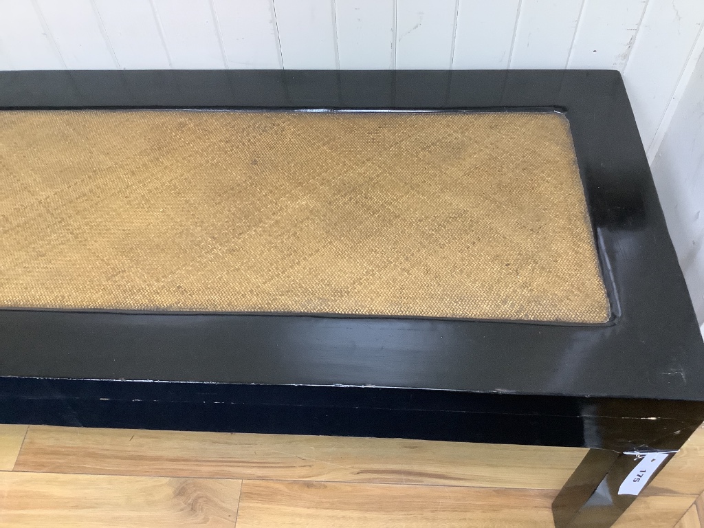 A Chinese lacquer caned bench, length 208cm, width 55cm, height 54cm